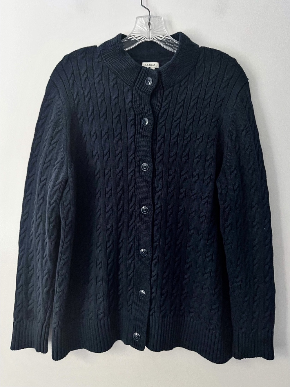 LL Bean Chunky Cable Knit Fisherman Cardigan Sweater 100% Cotton Navy Blue XL P